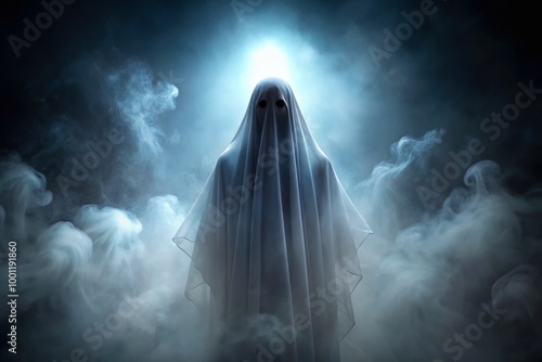 Ethereal transparent ghost silhouette with glowing eyes floats amidst misty fog, eerie yet mesmerizing, ideal for