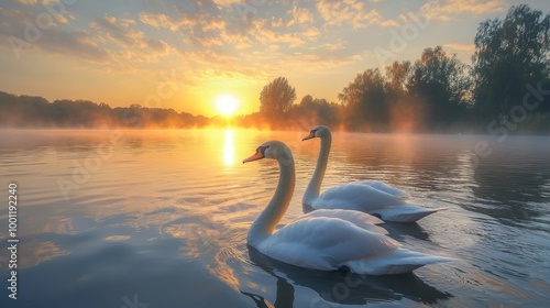 Fototapeta Naklejka Na Ścianę i Meble -  Beautiful swans swimming on a calm lake during sunrise