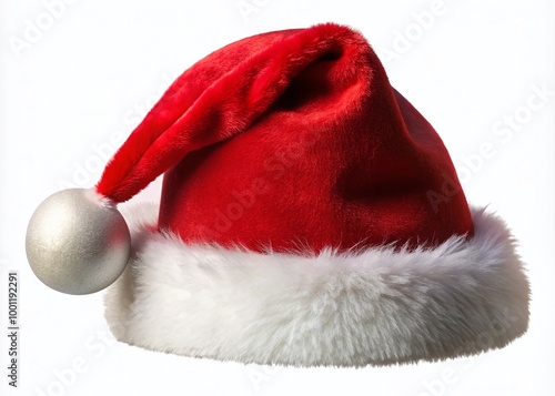 Festive red and white Santa hat with white fur trim and jingle bell, isolated on a transparent background, photo