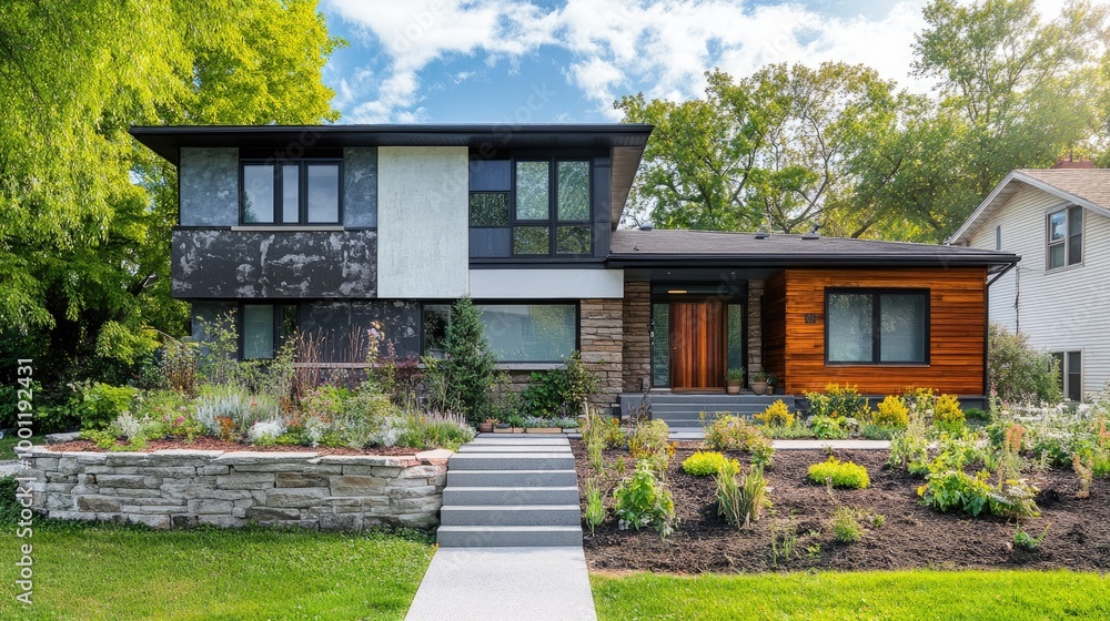 A worn-down exterior of a home compared to its stunning modern look after a full renovation, featuring new windows, doors, and fresh landscaping. A worn-down exterior of a home compared to its stunning modern look after a full renovation, featuring new windows, doors, and fresh landscaping.