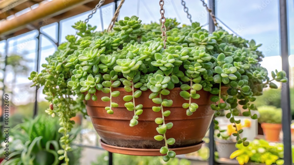 Lush green sedum cascading from a hanging pot in a bright garden setting. Generative AI Lush green sedum cascading from a hanging pot in a bright garden setting. Generative AI