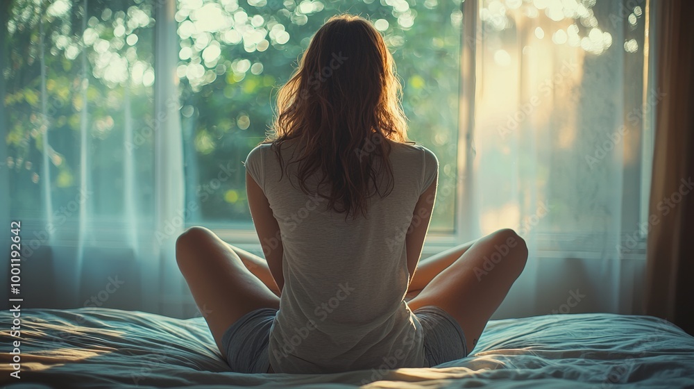 Woman practicing meditation by a large window with natural light on bed
