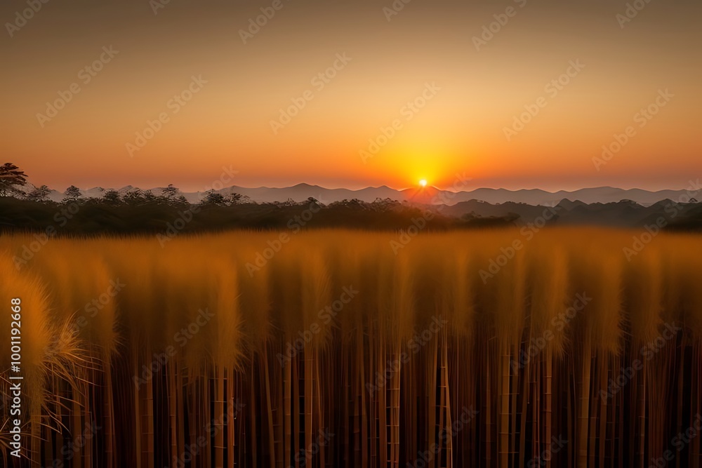 Fototapeta premium Golden sunset glow over tall bamboo trees.