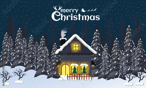 a black house in winter in the night with mountain view and snow in collection for christmas editable template greeting card stories template, landscape christmas background