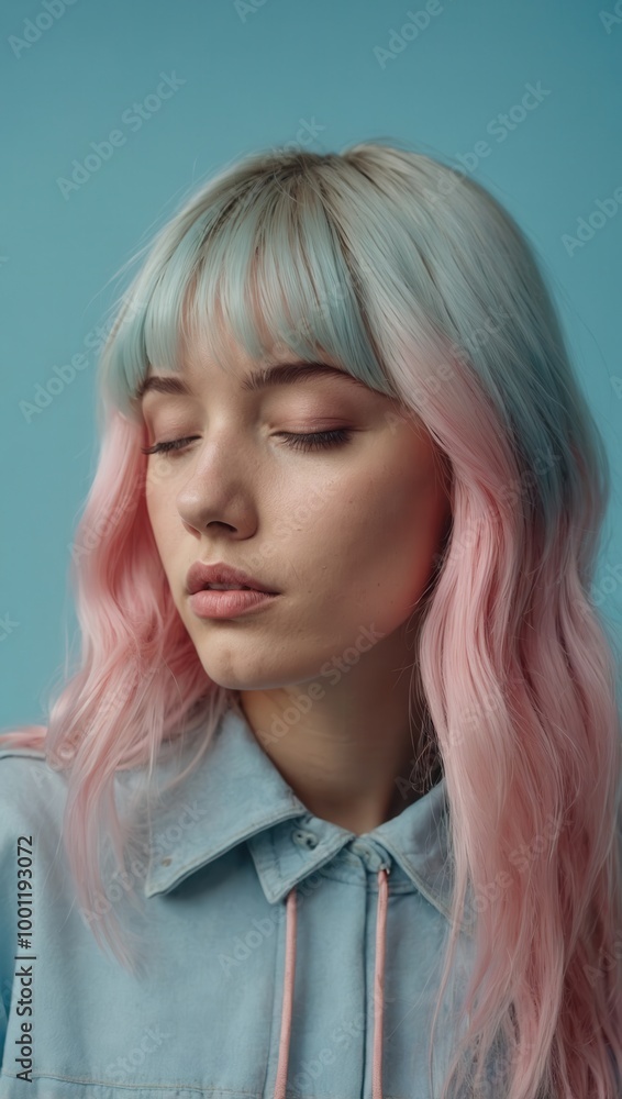 Person with pink bob cut hair and contemplative expression against solid background Person with pink bob cut hair and contemplative expression against solid background
