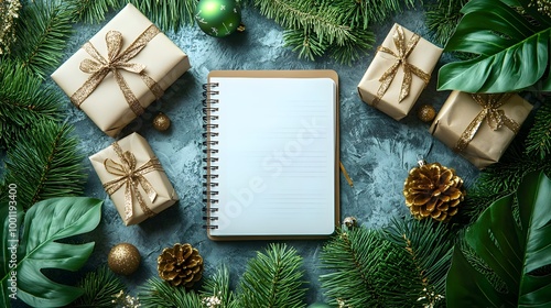 New Year resolutions written on a notebook surrounded by festive decorations in flat vector style