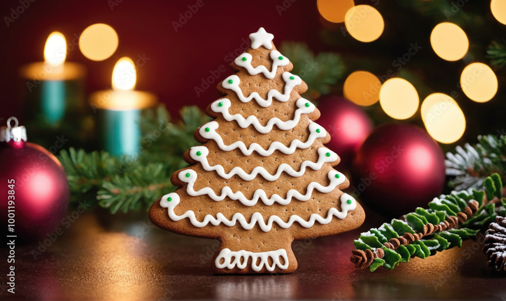 A gingerbread Christmas tree sits on a table surrounded by twinkling lights and ornaments A gingerbread Christmas tree sits on a table surrounded by twinkling lights and ornaments