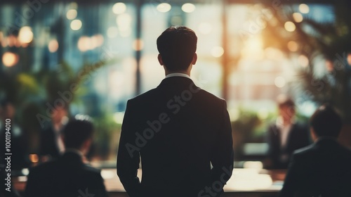 A business leader standing in front of seated employees, blurred, as the group discusses negotiation strategies for an upcoming acquisition.