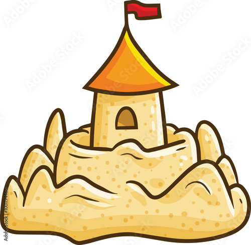 Funny and simple sand castle with red flag cartoon illustration