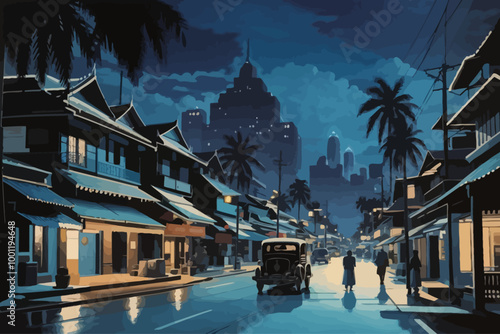 Thailand  city style of a noir novel bookcover in blue and black