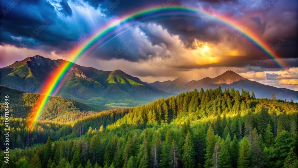 Vibrant rainbow descending from stormy skies over lush mountain forests in the Pacific Northwest