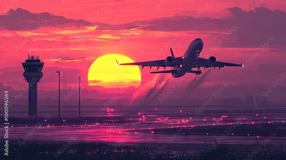 An airplane taking off from an airport runway, seen against the vibrant hues of a setting sun, with the runway and control tower in the foreground An airplane taking off from an airport runway, seen against the vibrant hues of a setting sun, with the runway and control tower in the foreground
