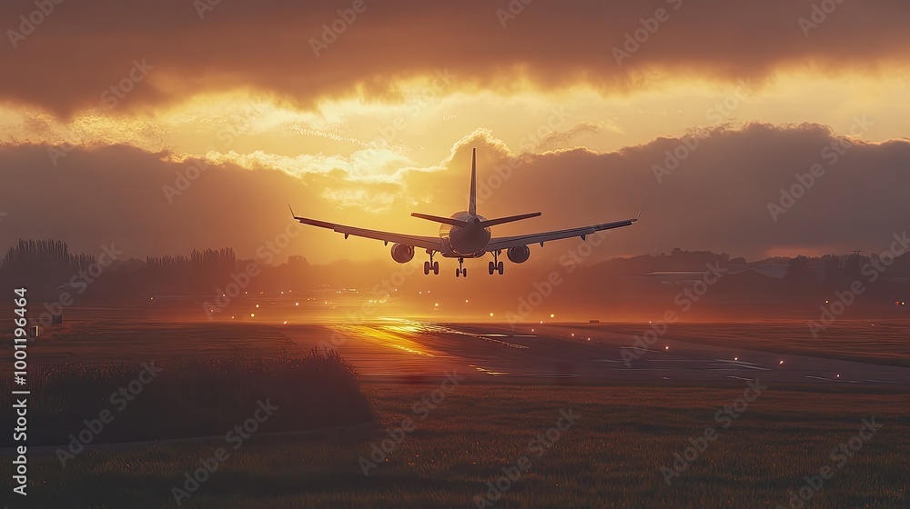 An airplane taking off from the runway at an airport, captured at sunrise with a warm glow on the horizon, symbolizing new beginnings and journeys An airplane taking off from the runway at an airport, captured at sunrise with a warm glow on the horizon, symbolizing new beginnings and journeys
