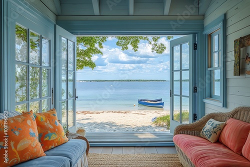 A cozy living room with french doors open to a view of a sandy beach, calm ocean waters and a small boat docked on the shore.