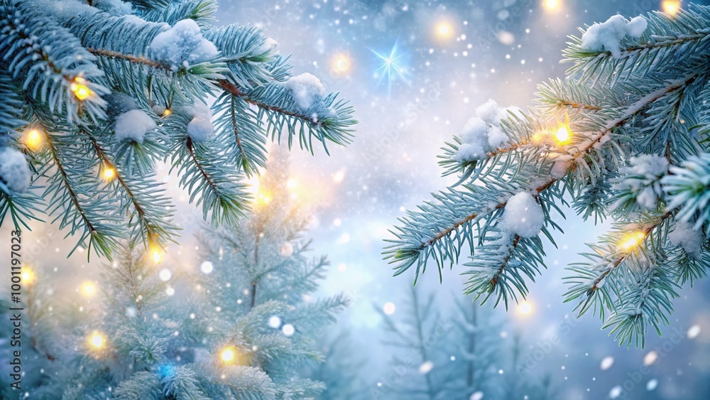 Frosted evergreen branches adorn a serene winter wonderland scene with twinkling lights, snowflakes, and a soft Frosted evergreen branches adorn a serene winter wonderland scene with twinkling lights, snowflakes, and a soft