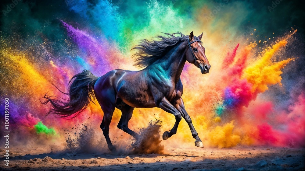 Majestic Black Horse Running through a Burst of Vibrant Holi Powder for Dynamic and Colorful Festive Celebrations