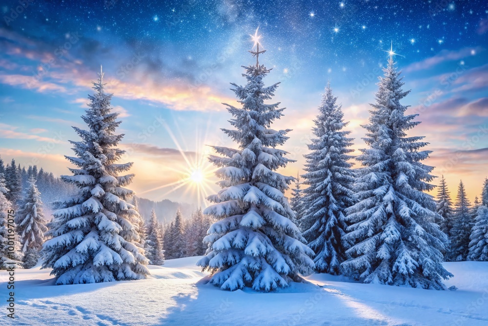 Frosted evergreen trees stand tall amidst a serene snowy landscape, with gentle snowflakes falling against a soft, Frosted evergreen trees stand tall amidst a serene snowy landscape, with gentle snowflakes falling against a soft,