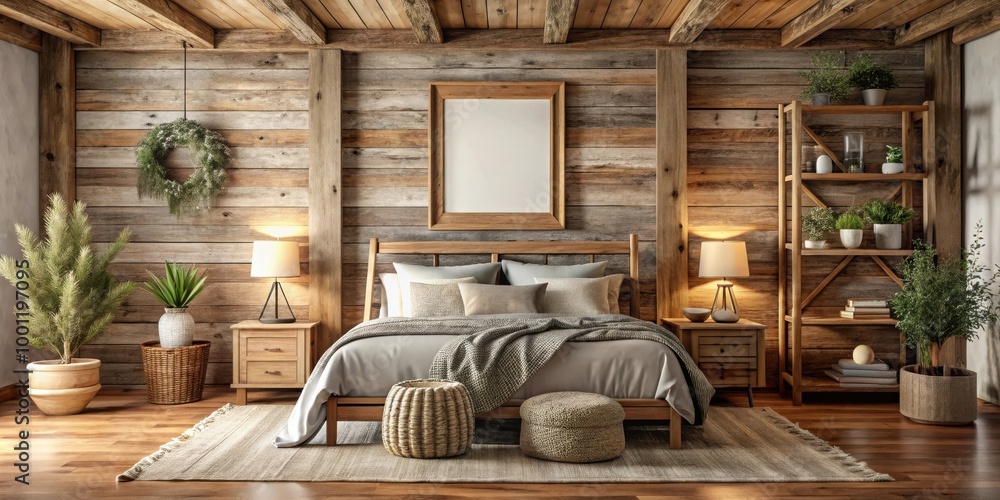 Rustic farmhouse bedroom interior mockup with wooden frame and cozy decor elements Rustic farmhouse bedroom interior mockup with wooden frame and cozy decor elements