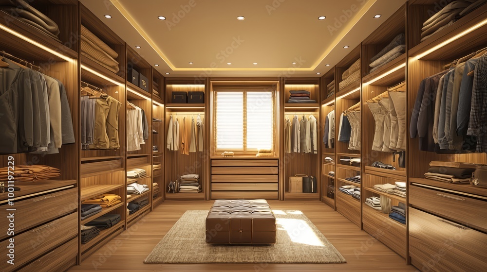 Obraz premium Luxurious walk-in closet with wooden shelves and soft lighting