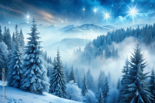 Frozen misty mountainside with icy evergreen trees, snowflakes gently falling, and a soft, frosty blue mist veiling the photo