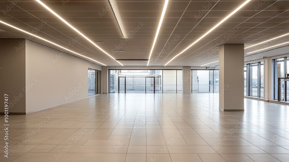 An empty space with smooth ceramic tile flooring and ceiling strip lights, creating a bright and clean monochromatic interior. An empty space with smooth ceramic tile flooring and ceiling strip lights, creating a bright and clean monochromatic interior.