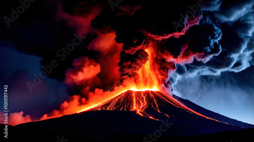 A volcano erupts with lava spewing out of it