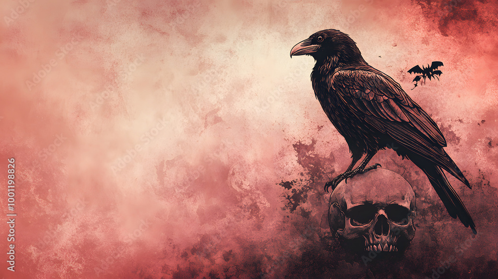 Fototapeta premium Raven and Skull Halloween Invitation Wallpaper