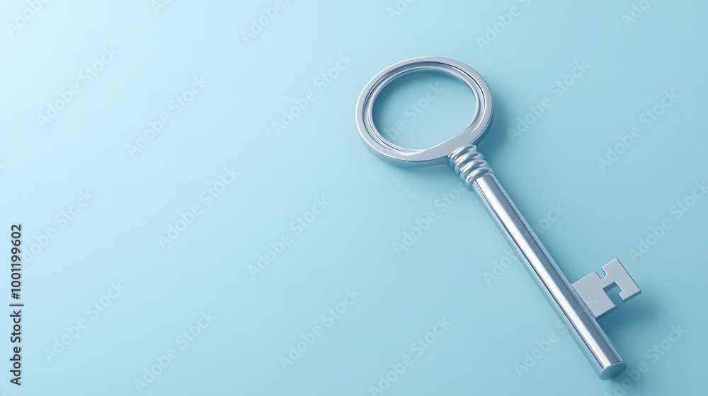Modern Silver House Key on Blue Pastel Background Modern Silver House Key on Blue Pastel Background