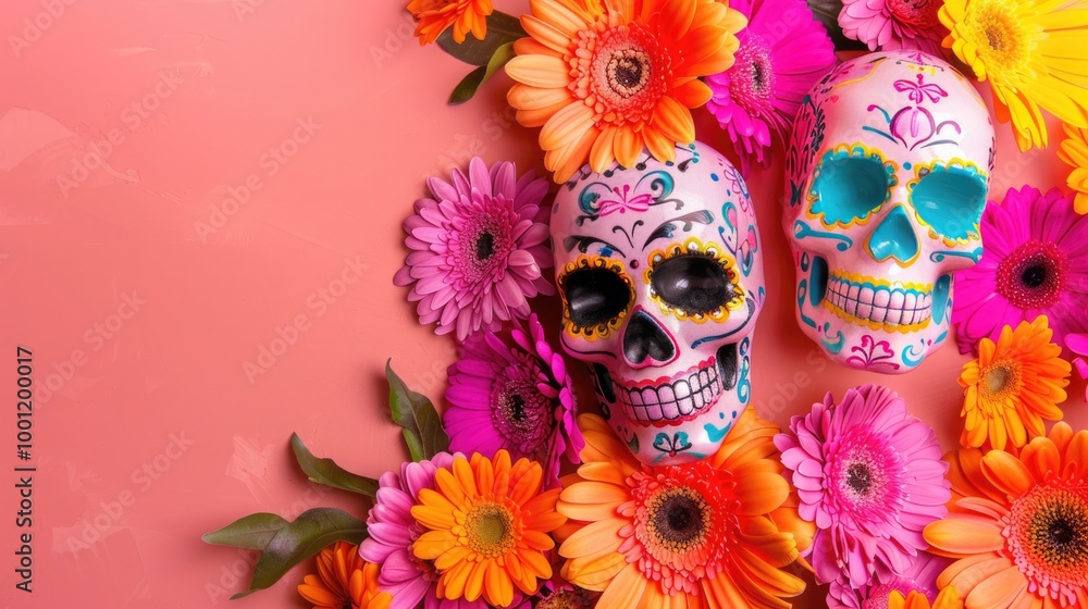 Colorful sugar skulls surrounded by vibrant flowers on a pink background. Colorful sugar skulls surrounded by vibrant flowers on a pink background.