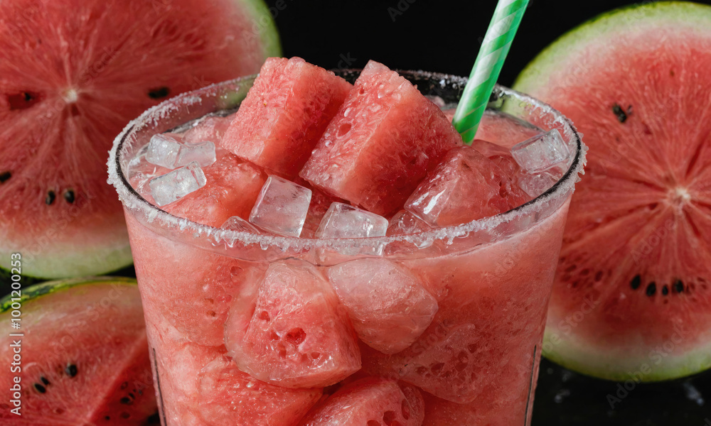 A refreshing watermelon drink with ice and a straw, perfect for a hot summer day A refreshing watermelon drink with ice and a straw, perfect for a hot summer day