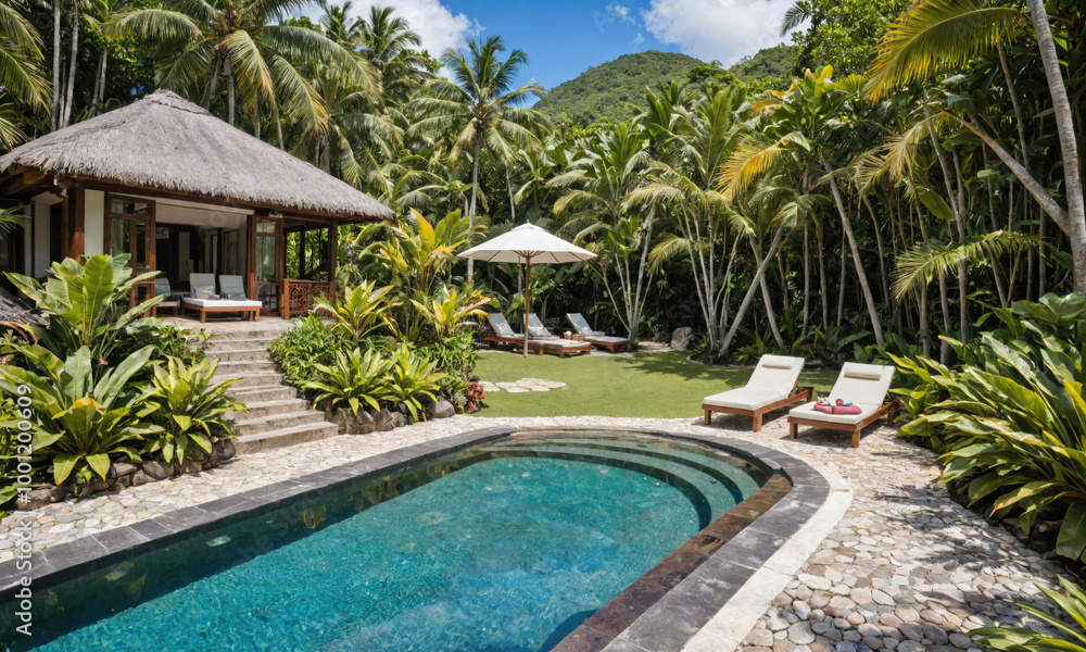 Fototapeta premium A tropical villa with a private pool surrounded by lush greenery and palm trees