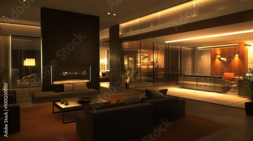 Modern interior design featuring a stylish living area and office space with ambient lighting.