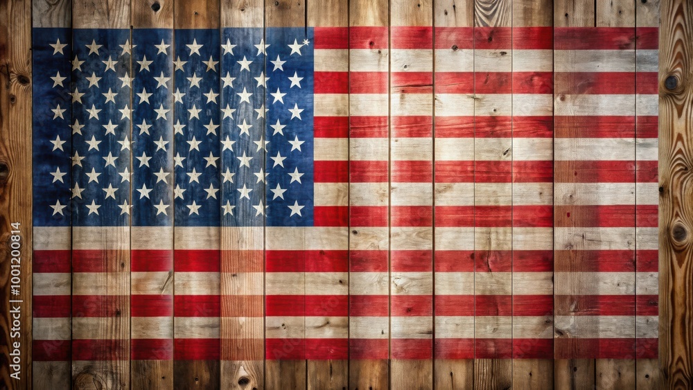 Fototapeta premium Patriotic American flag with raised stars hanging on wooden wall background decor