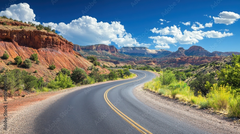 A curving road meanders through the deep red canyons of los castillos, contrasting with vibrant green shrubbery under the expansive blue sky A curving road meanders through the deep red canyons of los castillos, contrasting with vibrant green shrubbery under the expansive blue sky