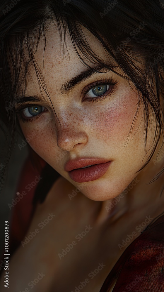 Close-Up Portrait of a Woman with Blue Eyes and Freckles Close-Up Portrait of a Woman with Blue Eyes and Freckles