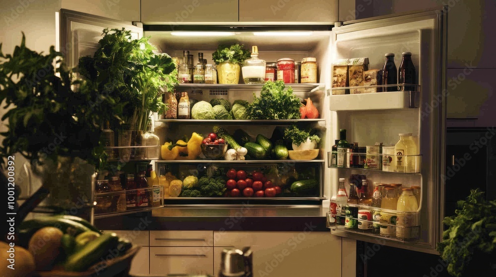 A well-organized refrigerator filled with fresh produce and condiments. A well-organized refrigerator filled with fresh produce and condiments.