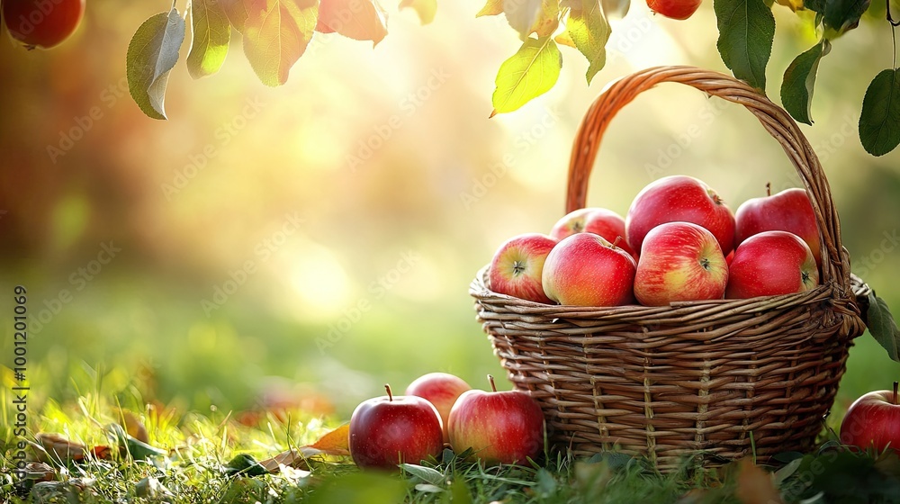 Basket brimming with red apples, placed under the shade of an apple tree with dappled sunlight. Symbol of autumn harvest and fresh produce. Basket brimming with red apples, placed under the shade of an apple tree with dappled sunlight. Symbol of autumn harvest and fresh produce.