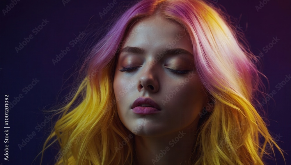 Woman with yellow and red hair, winged eyeliner, closed eyes, introspective expression Woman with yellow and red hair, winged eyeliner, closed eyes, introspective expression
