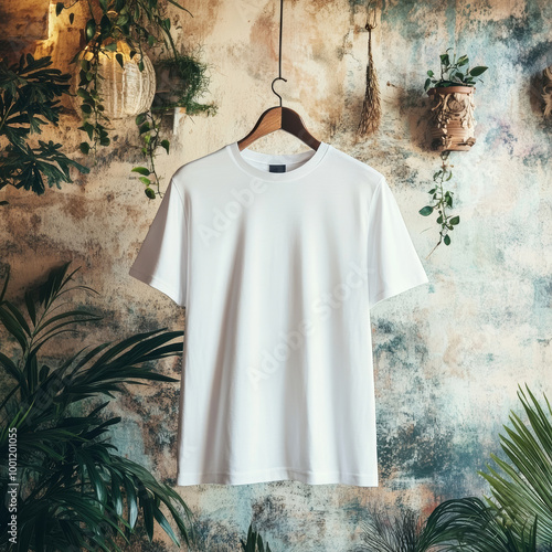 A plain white t-shirt hangs on a wooden hanger against a botanical backdrop, showcasing a blend of nature and modern aesthetics photo