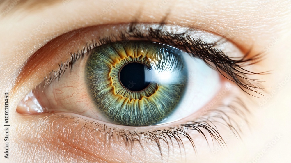 Extreme close-up of a mesmerizing human eye with intricate iris patterns in shades of green, gold, and blue, showcasing the eye's remarkable complexity and beauty. Extreme close-up of a mesmerizing human eye with intricate iris patterns in shades of green, gold, and blue, showcasing the eye's remarkable complexity and beauty.