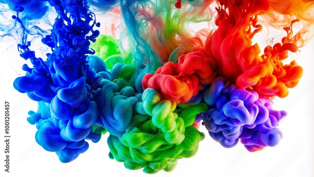 Vibrant Color Ink Cloud Mixing in Water on White Background for Dynamic and Abstract Designs Vibrant Color Ink Cloud Mixing in Water on White Background for Dynamic and Abstract Designs