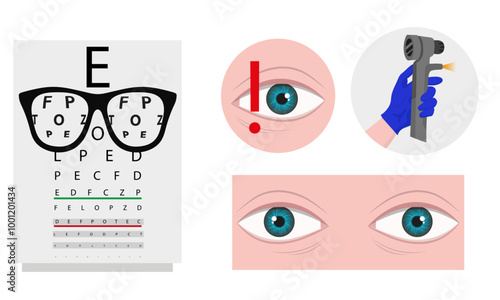 Ophthalmology oculist set vision correction eye anatomy with exam table 
