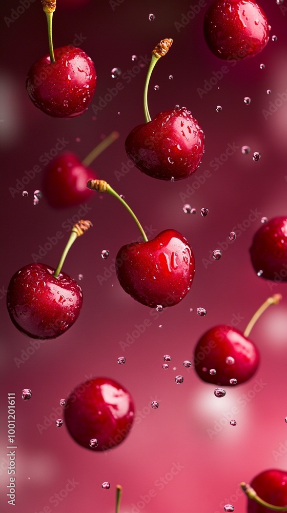 Juicy red cherries floating in mid-air with water droplets, creating a dynamic and refreshing scene against a vibrant burgundy background. Perfect for summer. Juicy red cherries floating in mid-air with water droplets, creating a dynamic and refreshing scene against a vibrant burgundy background. Perfect for summer.