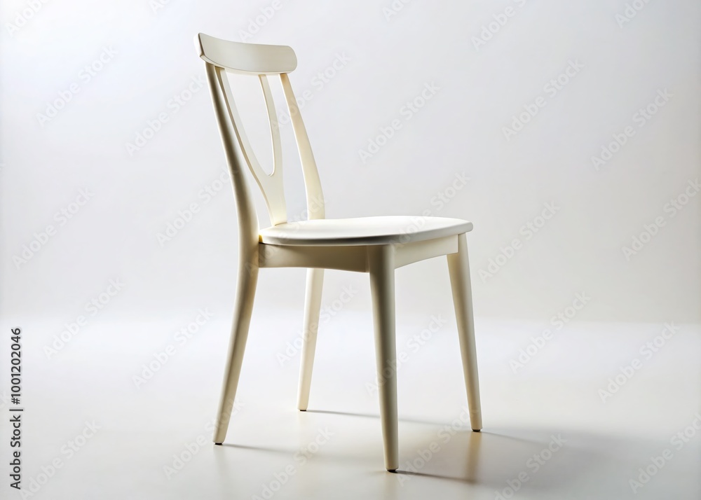 Isolated elegant white wooden chair with slender legs and curved backrest stands solo on a clean, crisp, and Isolated elegant white wooden chair with slender legs and curved backrest stands solo on a clean, crisp, and