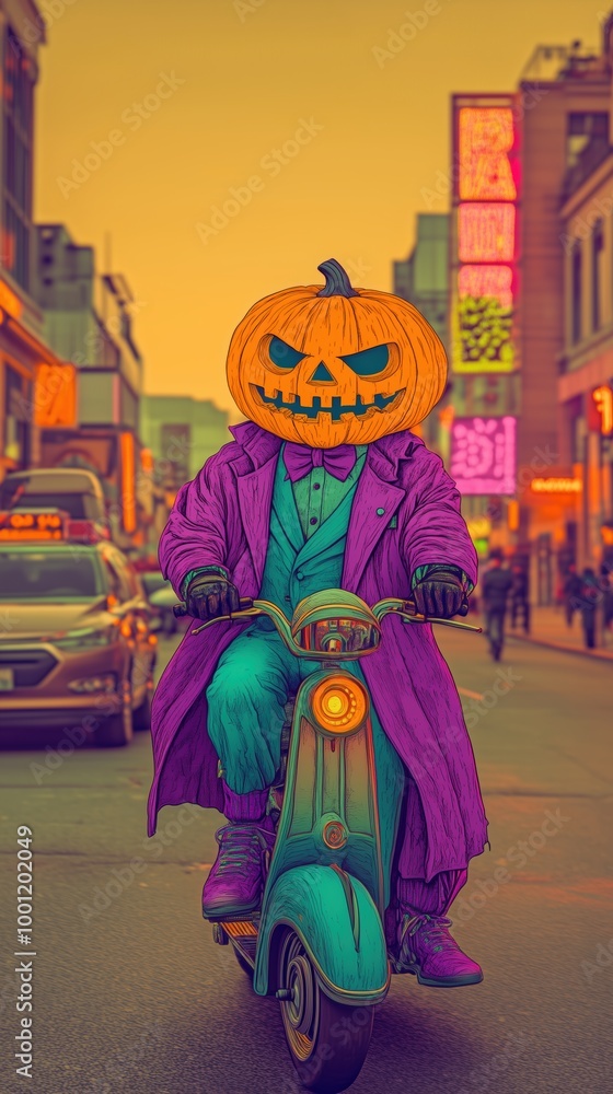 Obraz premium Jack-O’-Lantern-Headed Figure Riding a Scooter in Vibrant Halloween-Themed Urban Scenes, Featuring Neon Colors, Spooky Vibes, and Surreal Fantasy Art