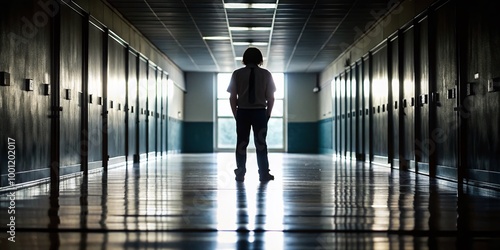 Isolated and lonely silhouette of a figure against a blurred and darkened school hallway background, conveying feelings