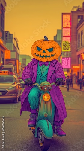 Jack-O’-Lantern-Headed Figure Riding a Scooter in Vibrant Halloween-Themed Urban Scenes, Featuring Neon Colors, Spooky Vibes, and Surreal Fantasy Art