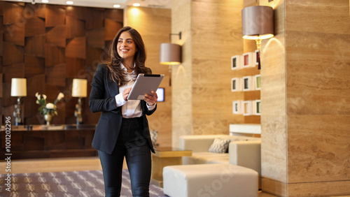 Young, ambitious businesswoman using tablet on the move