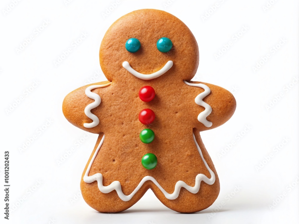 Isolated on white, a sweet and spicy gingerbread man with icing details and candy buttons stands upright, awaiting Isolated on white, a sweet and spicy gingerbread man with icing details and candy buttons stands upright, awaiting