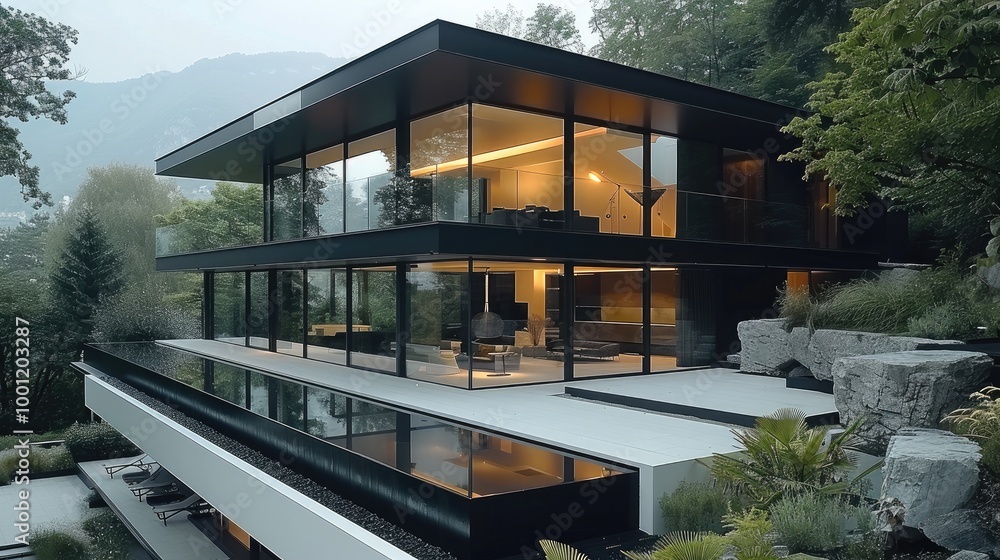 Front modern contemporary house design transparent house minimal style, materials glass and black frames, nature, Located in mountains. Front modern contemporary house design transparent house minimal style, materials glass and black frames, nature, Located in mountains.